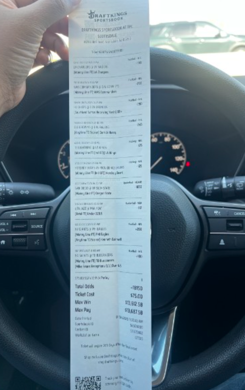 The losing group parlay ticket Joel placed at the sportsbook