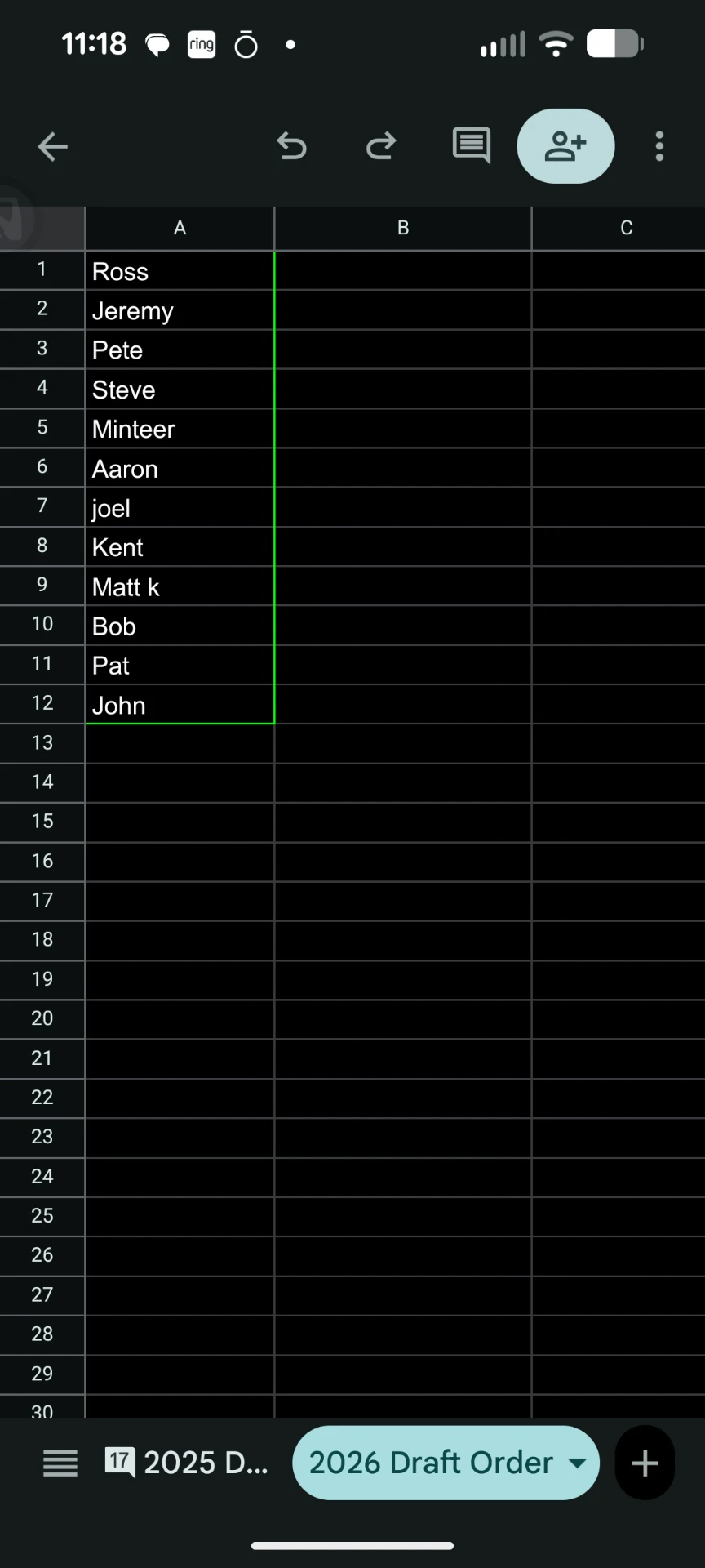 Spreadsheet screenshot of the locked 2026 Cape May League draft order
